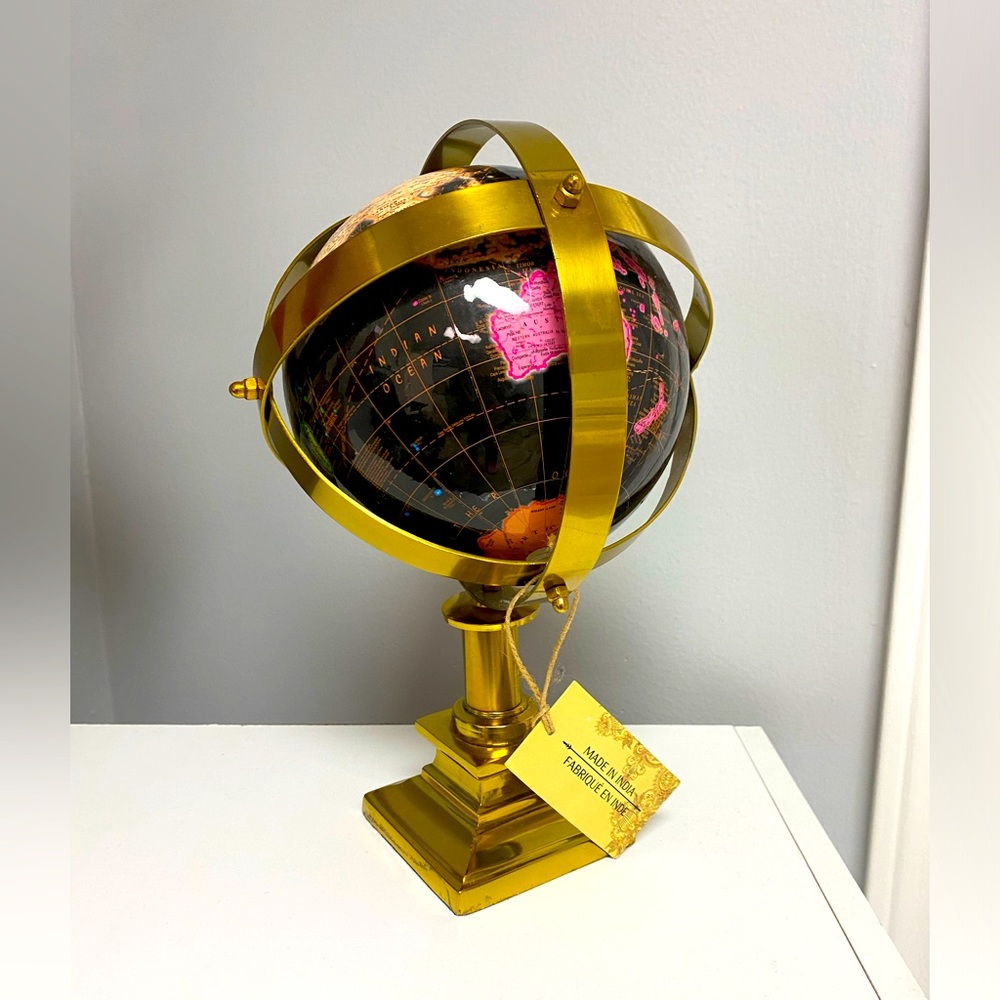 Beautiful world globe. Perfect for a refined office. 12” H, made in India